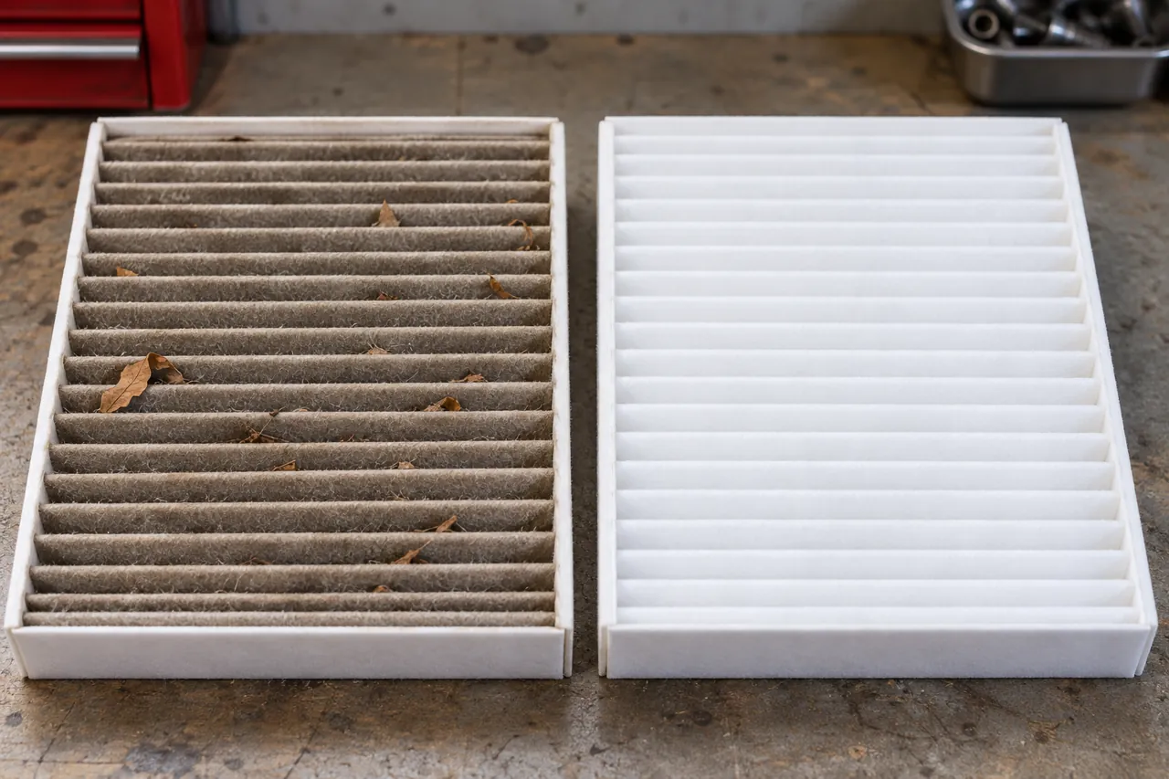 Dusty used cabin filter beside a clean replacement cabin filter