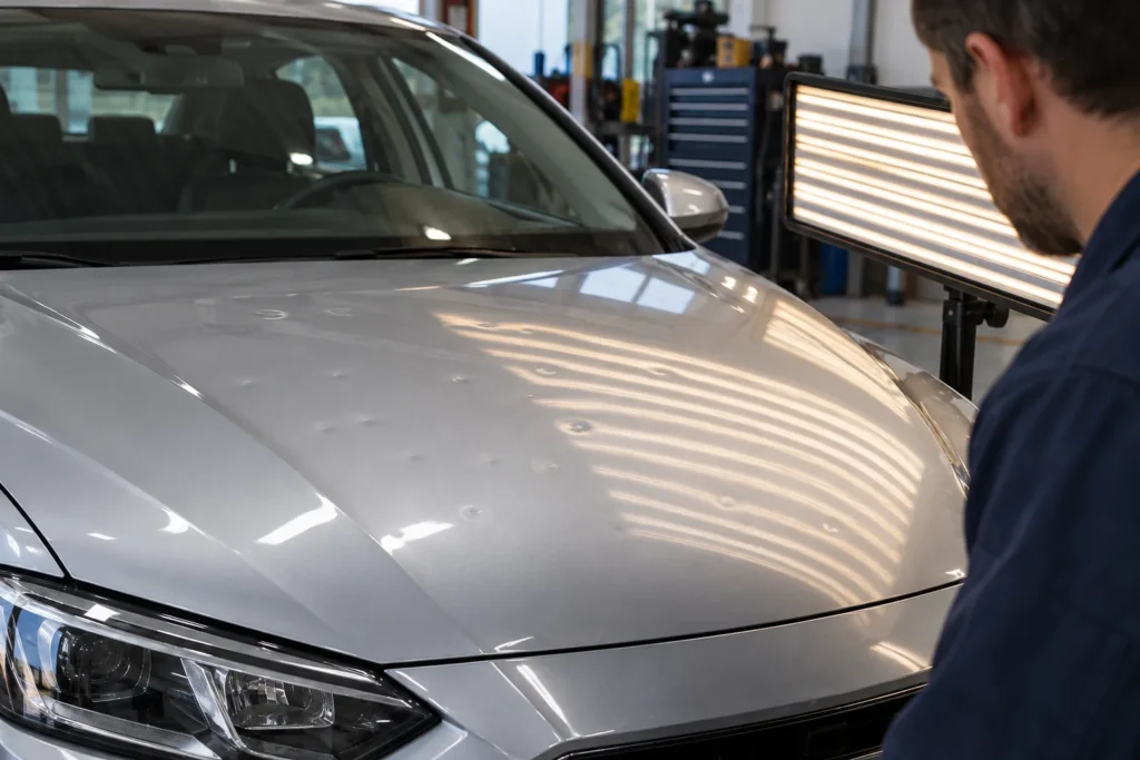 Technician inspecting shallow hail dents on a silver bonnet under a reflection light