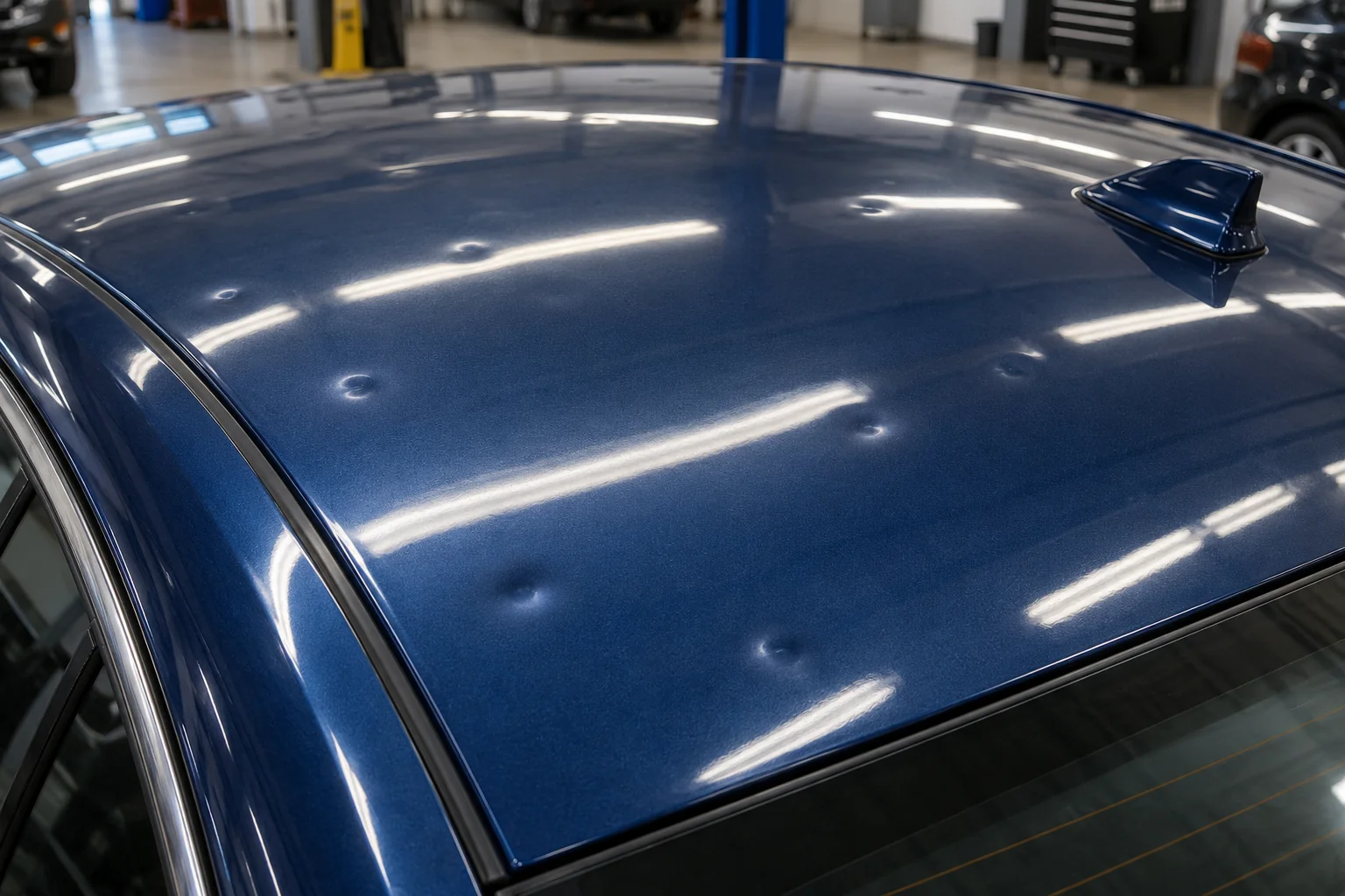 Shallow round hail dents interrupting light reflections on a dark blue car roof