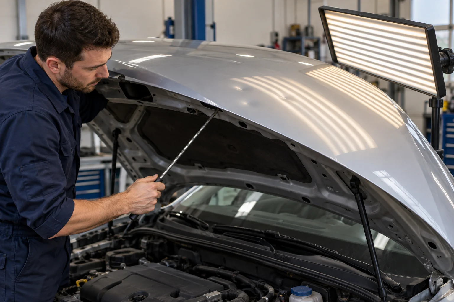 Technician using a PDR rod through an existing aperture behind a silver bonnet