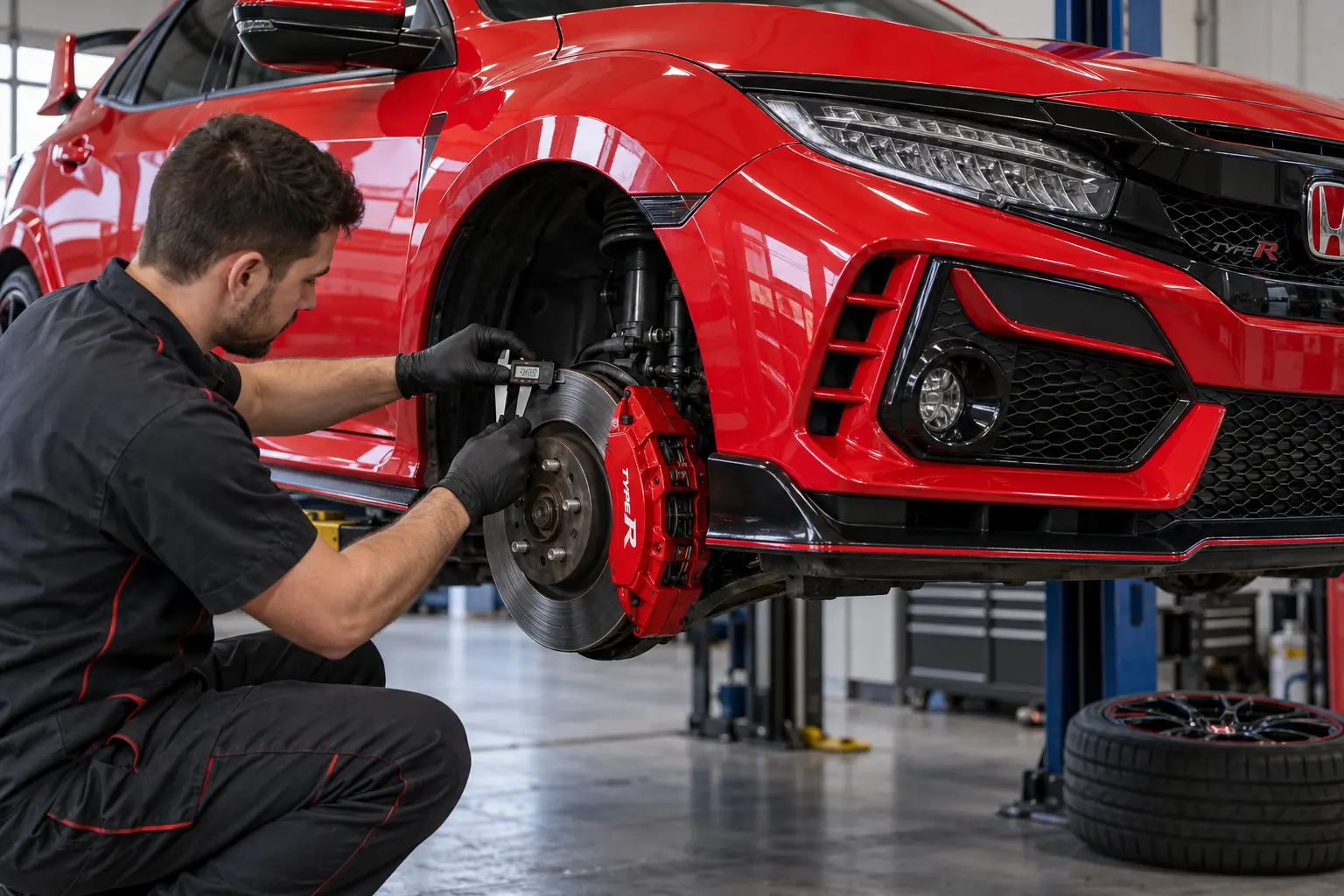 Brake disc measurement on a red Honda performance hatchback with the wheel removed