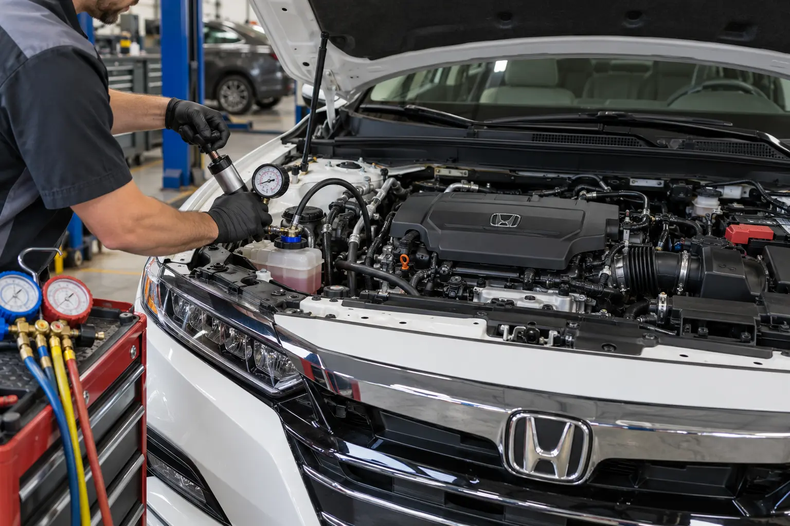 Technician pressure testing the cooling system of a Honda with the engine off