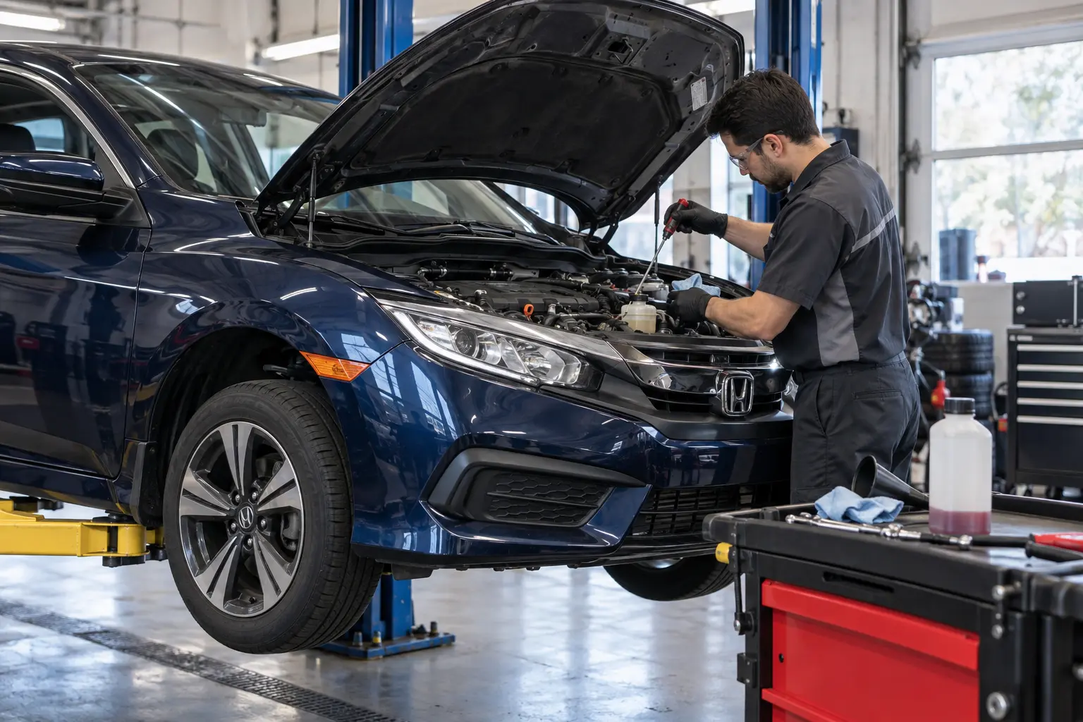 Technician checking an accessible fluid reservoir on a blue Honda