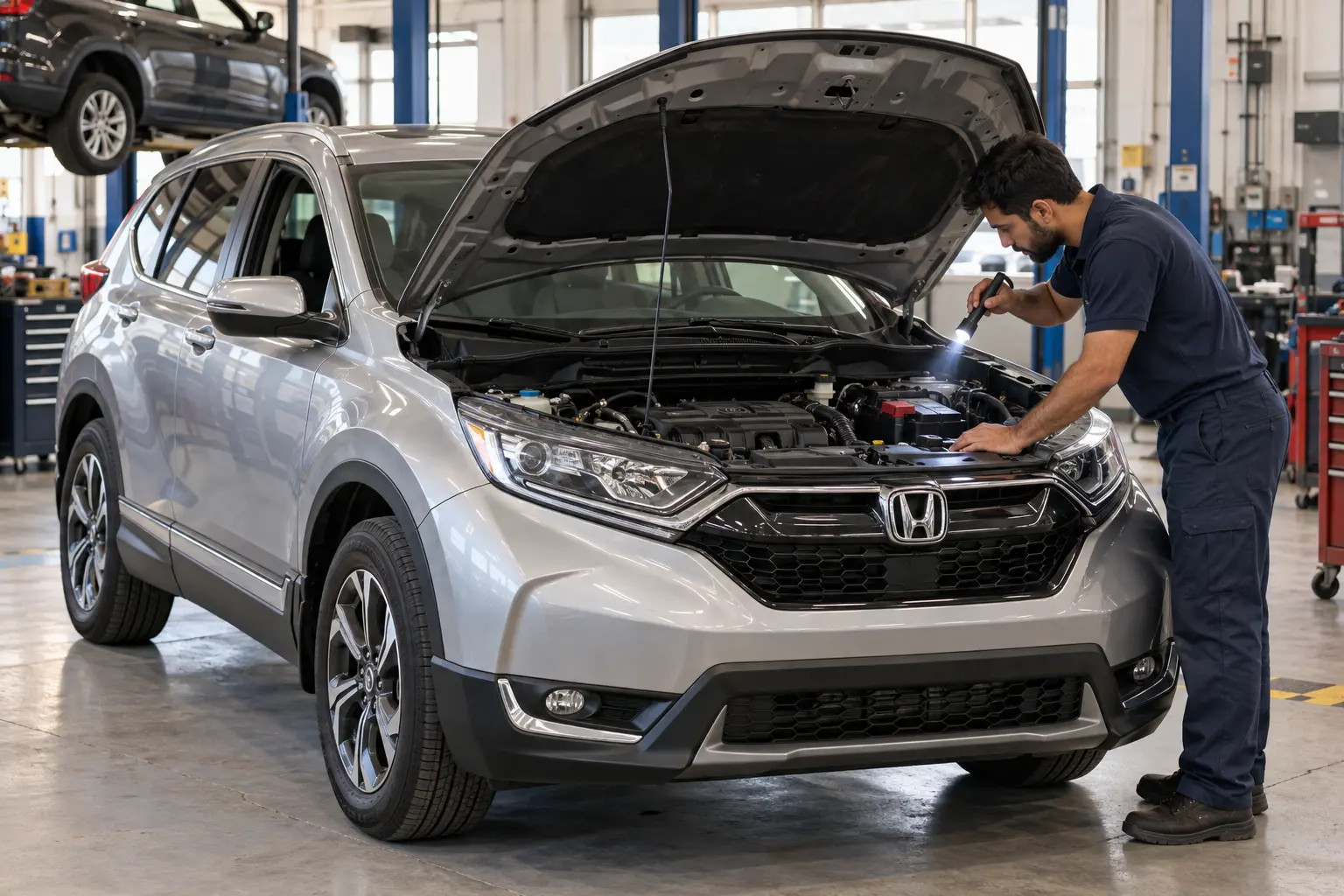 Technician inspecting a silver Honda SUV with its hood open