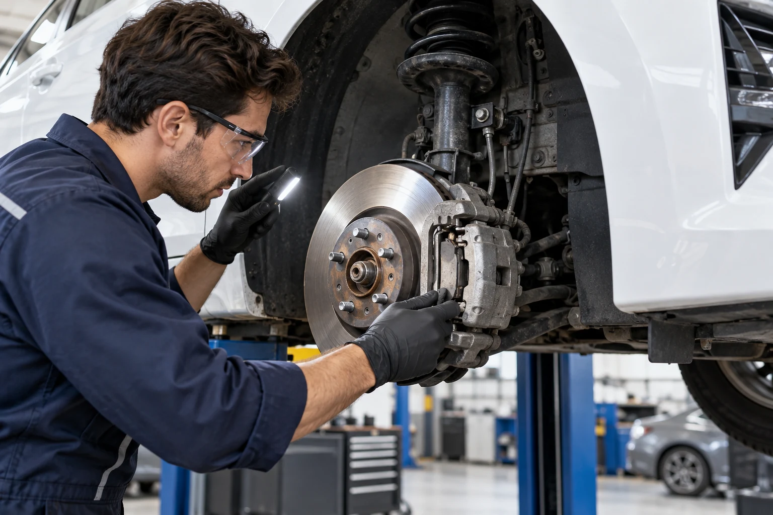 Close view of disc brake and caliper during inspection