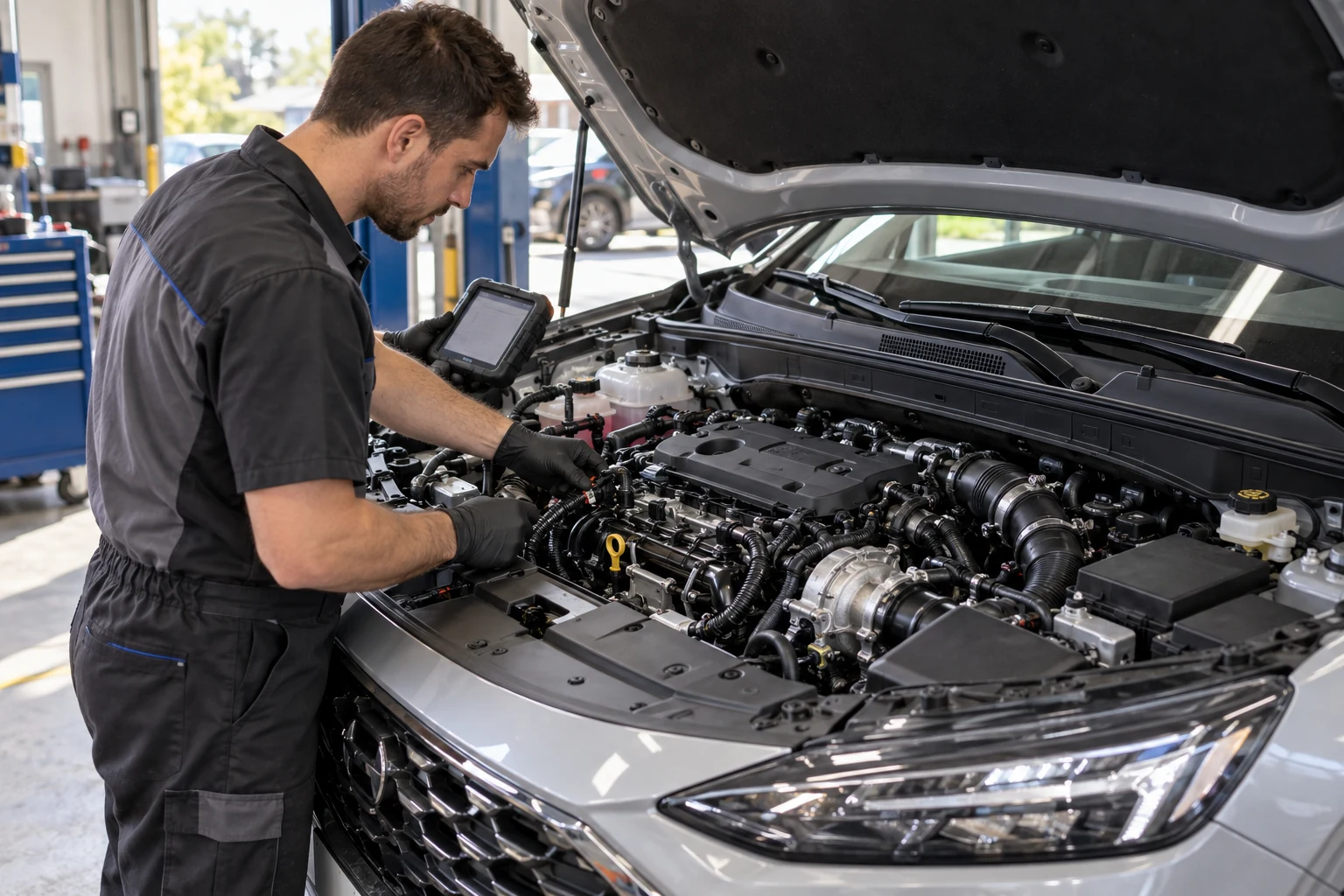 Technician checking a petrol engine with a diagnostic device in a workshop