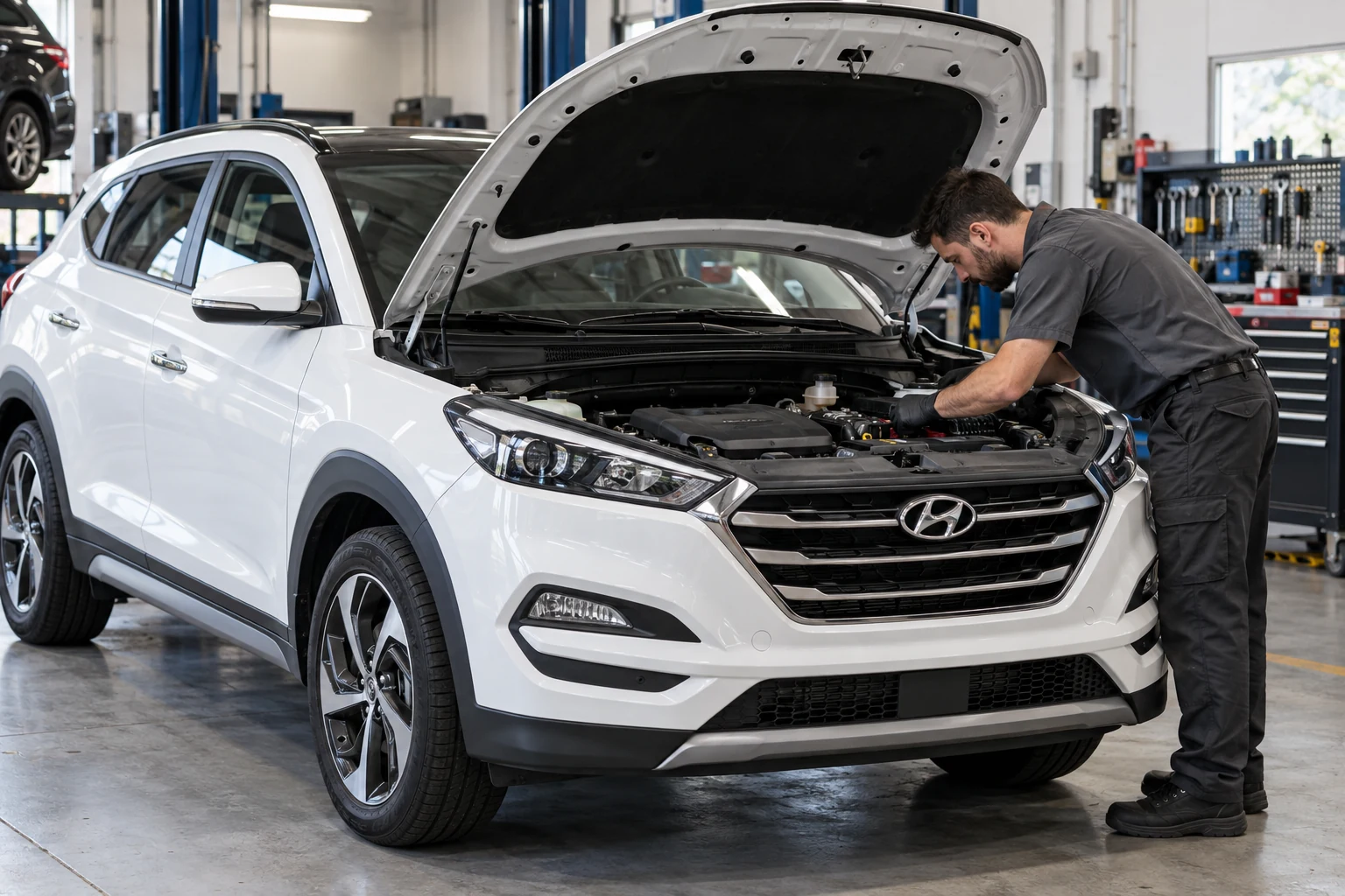 White Hyundai Tucson with its hood open during an engine bay inspection