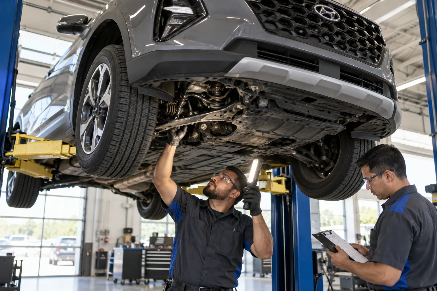 Technicians inspecting suspension and tire wear beneath a raised SUV
