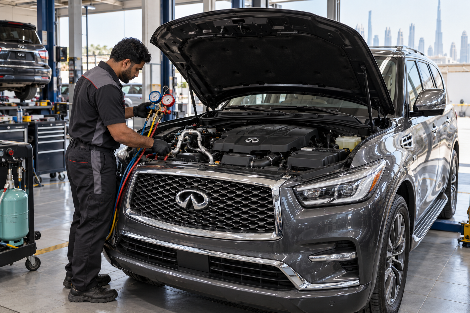 Technician checking air conditioning lines on an Infiniti SUV