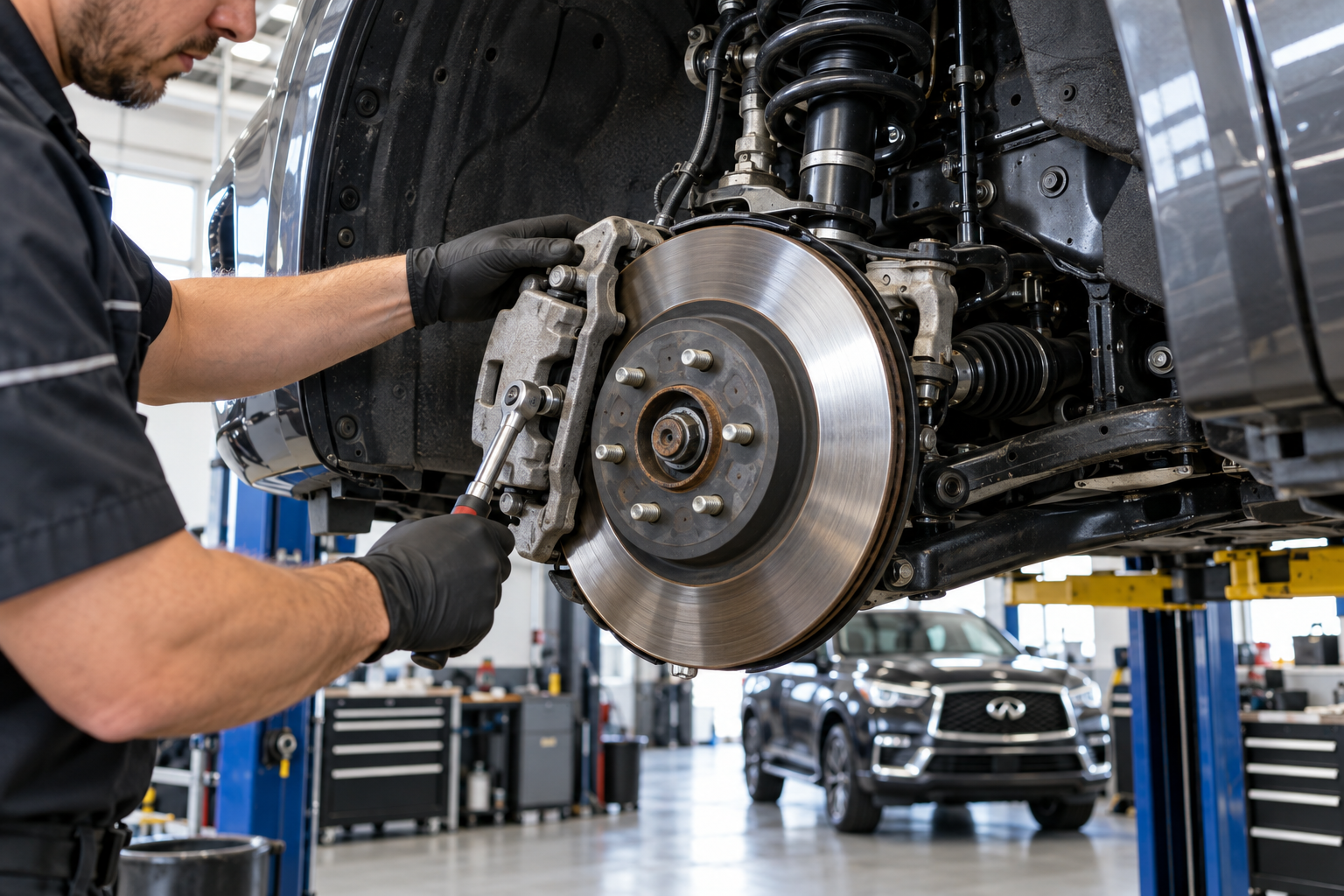 Technician inspecting an Infiniti SUV front brake and suspension assembly