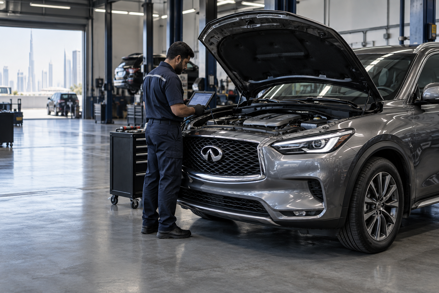Technician checking an Infiniti SUV engine with a diagnostic tablet
