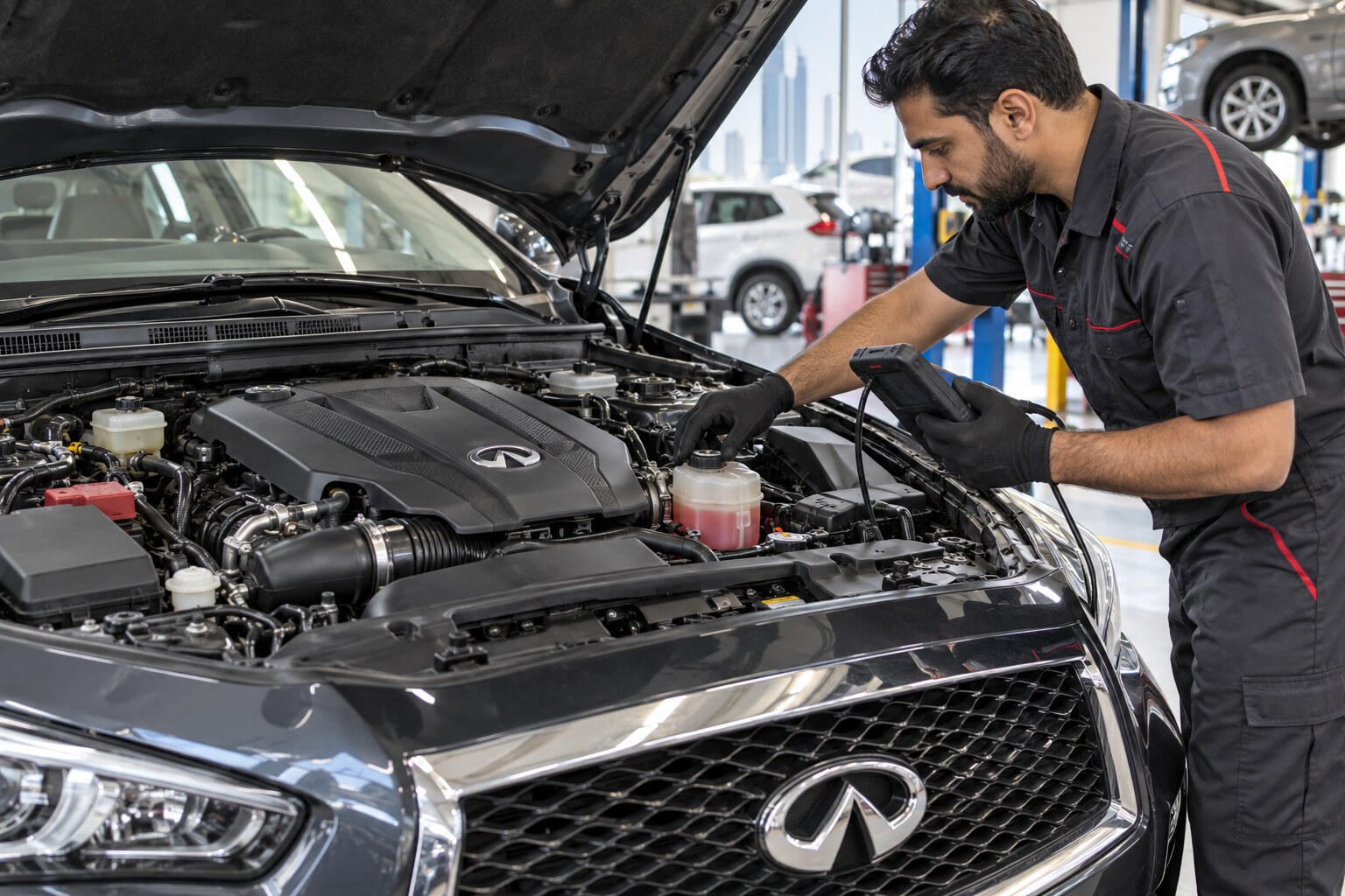 Technician inspecting an Infiniti engine and cooling system with a diagnostic tool