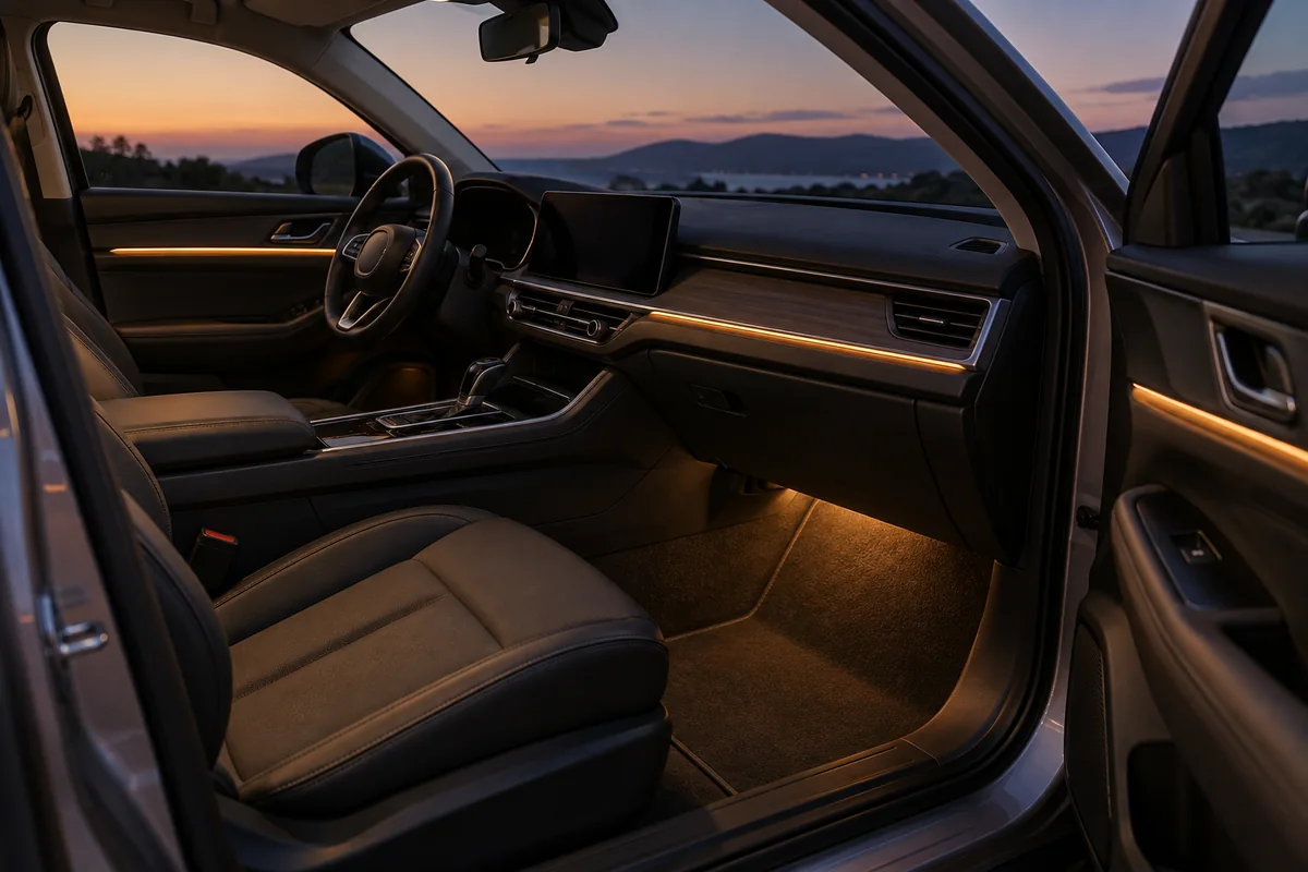 Parked car cabin with restrained amber ambient lighting along the dashboard and doors