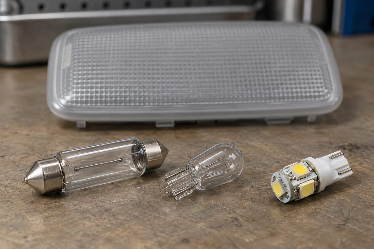 Festoon bulb, wedge-base bulb and LED replacement beside an interior lamp lens