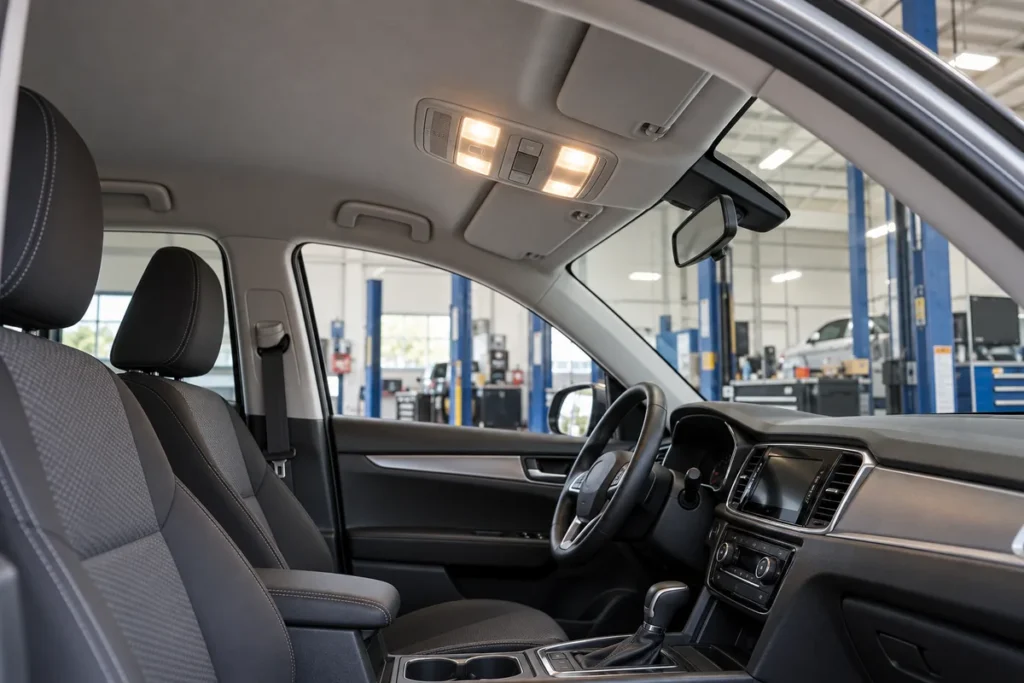 Overhead map lights illuminating the front cabin of a parked car