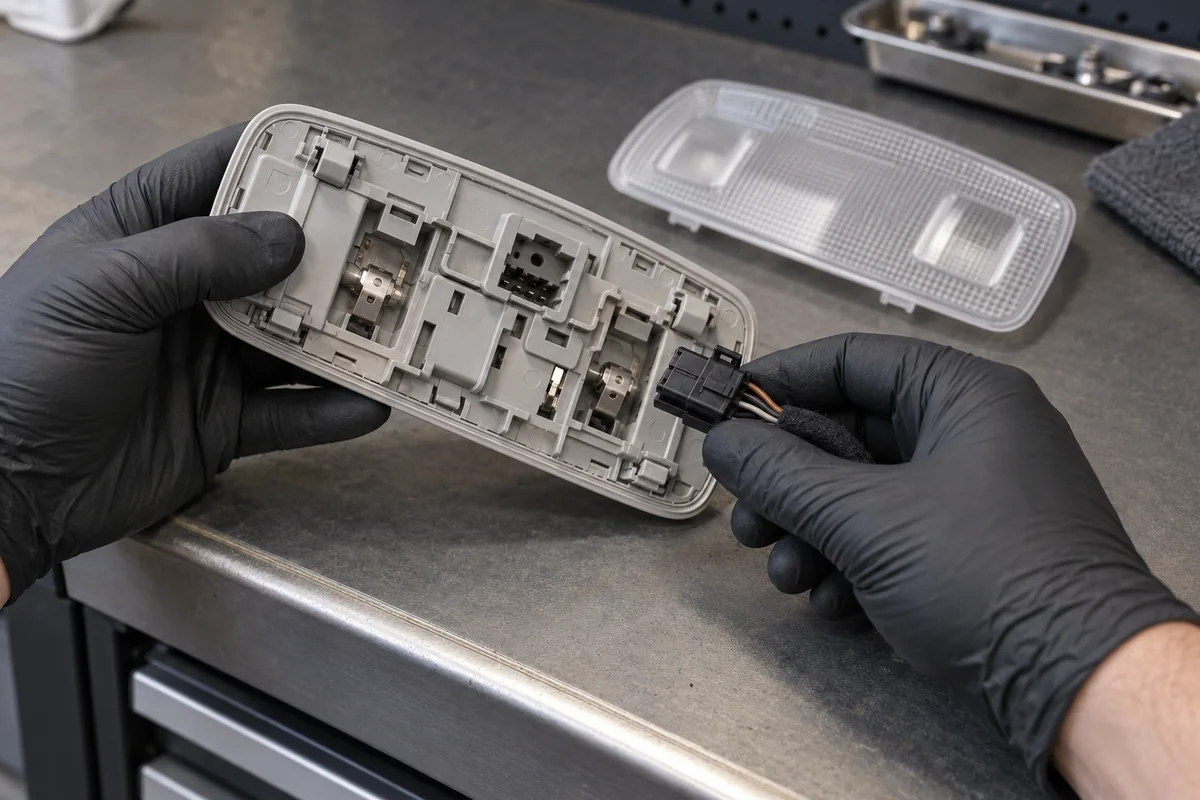 Gloved hands inspecting the rear of an overhead light assembly and its disconnected connector