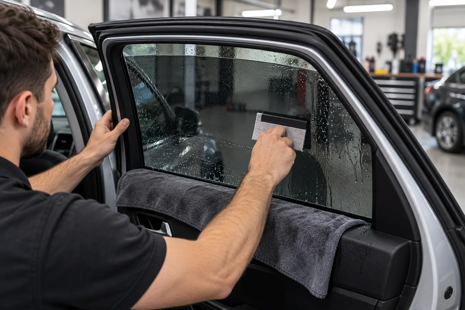 Technician smoothing window film on the inside of an open car door