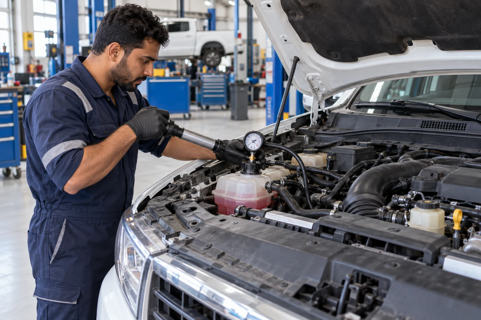 Technician pressure testing a pickup cooling system with its hood open