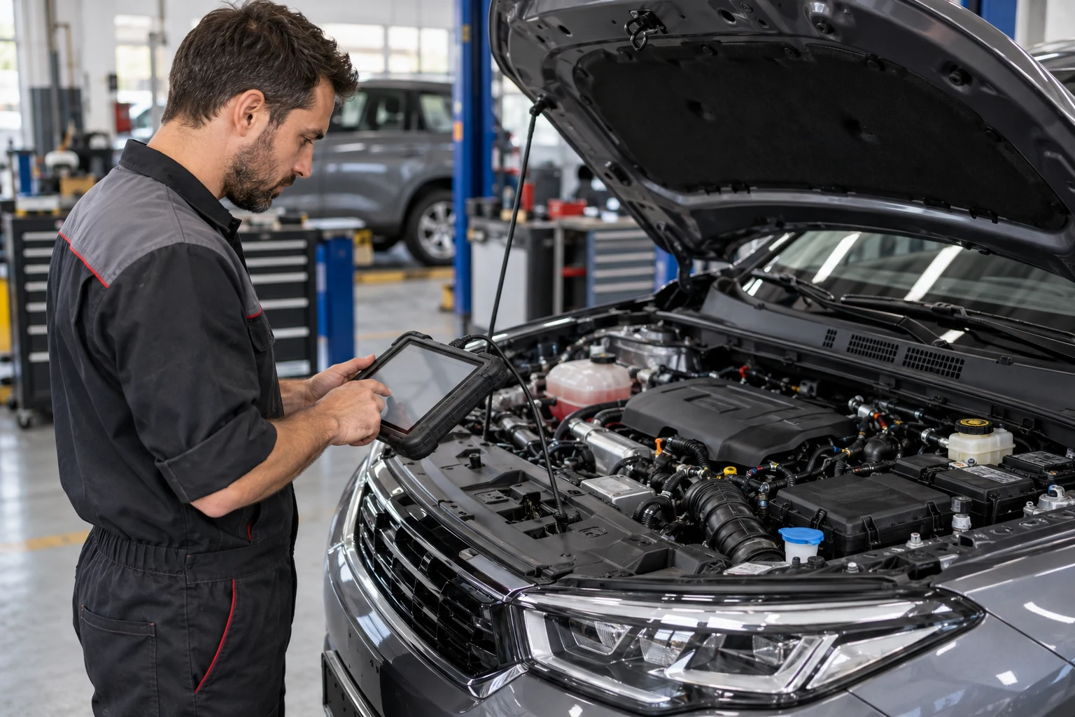 Mechanic scanning a vehicle beside an open engine bay