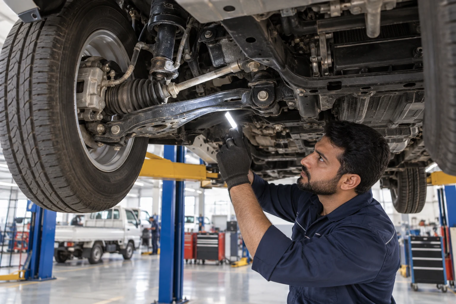 Mechanic checking a raised pickup suspension
