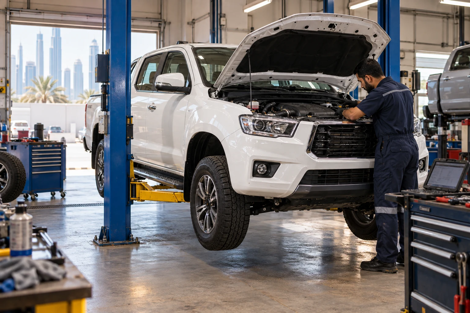 Technician checking an open pickup engine bay in a workshop