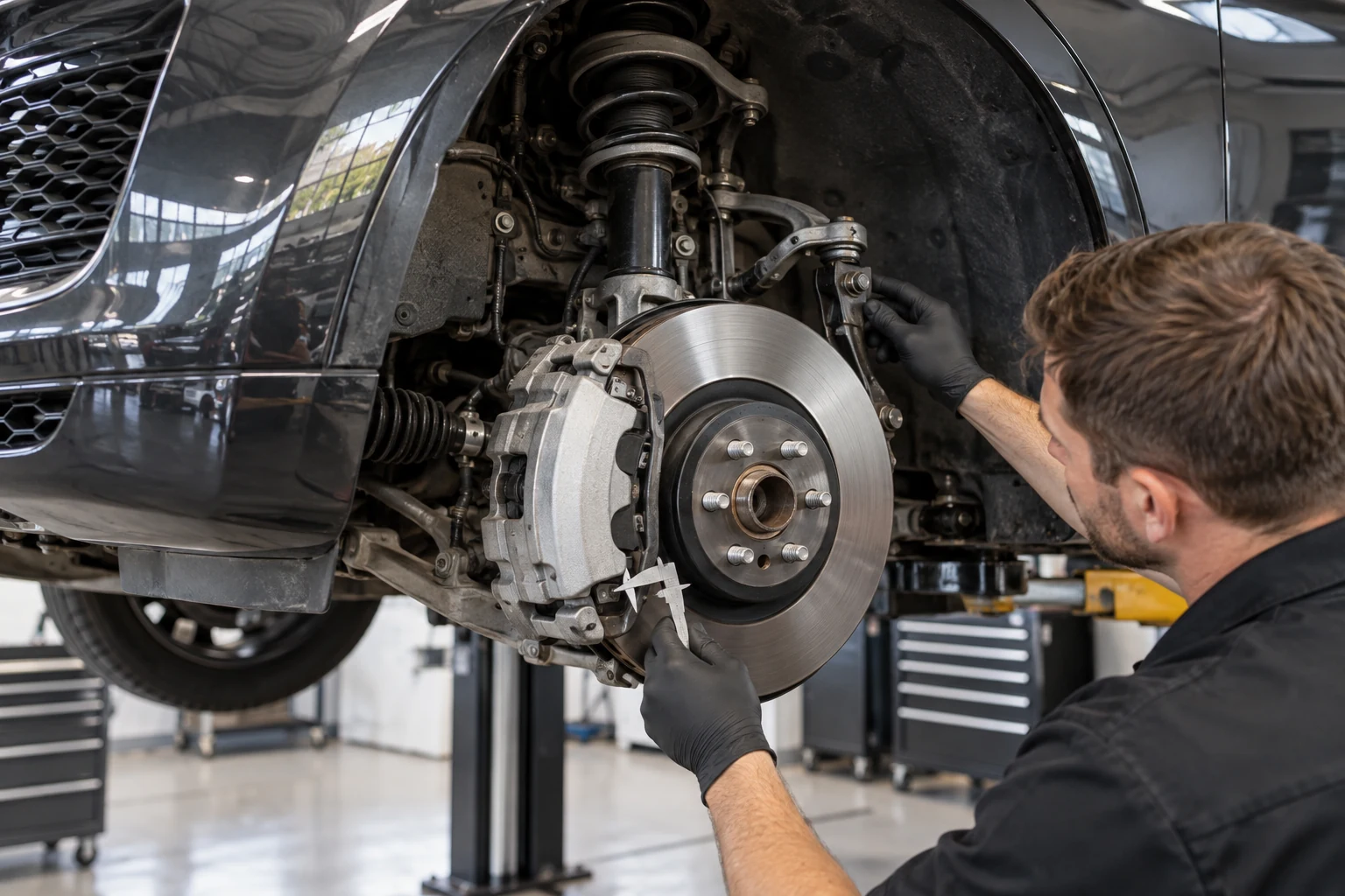 Mechanic inspecting a luxury vehicle brake and suspension with the wheel removed
