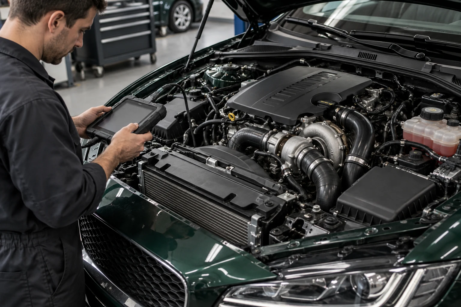 Technician checking a luxury sedan engine with a scan tool