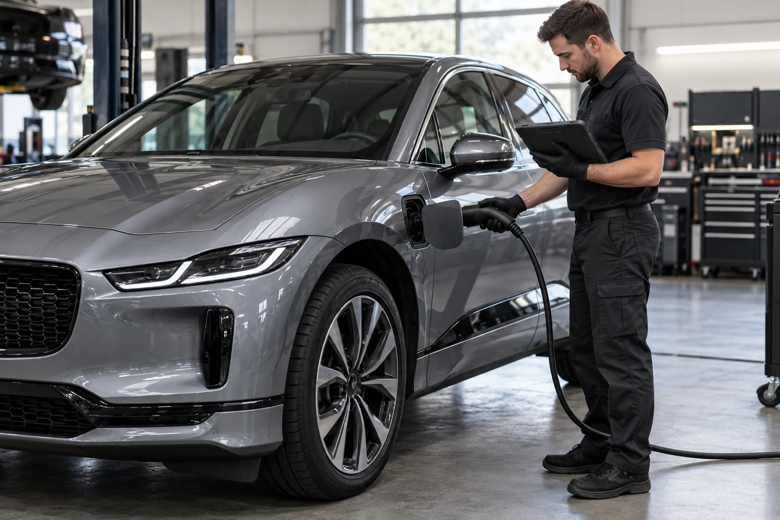 Technician checking an electric luxury crossover charge connection