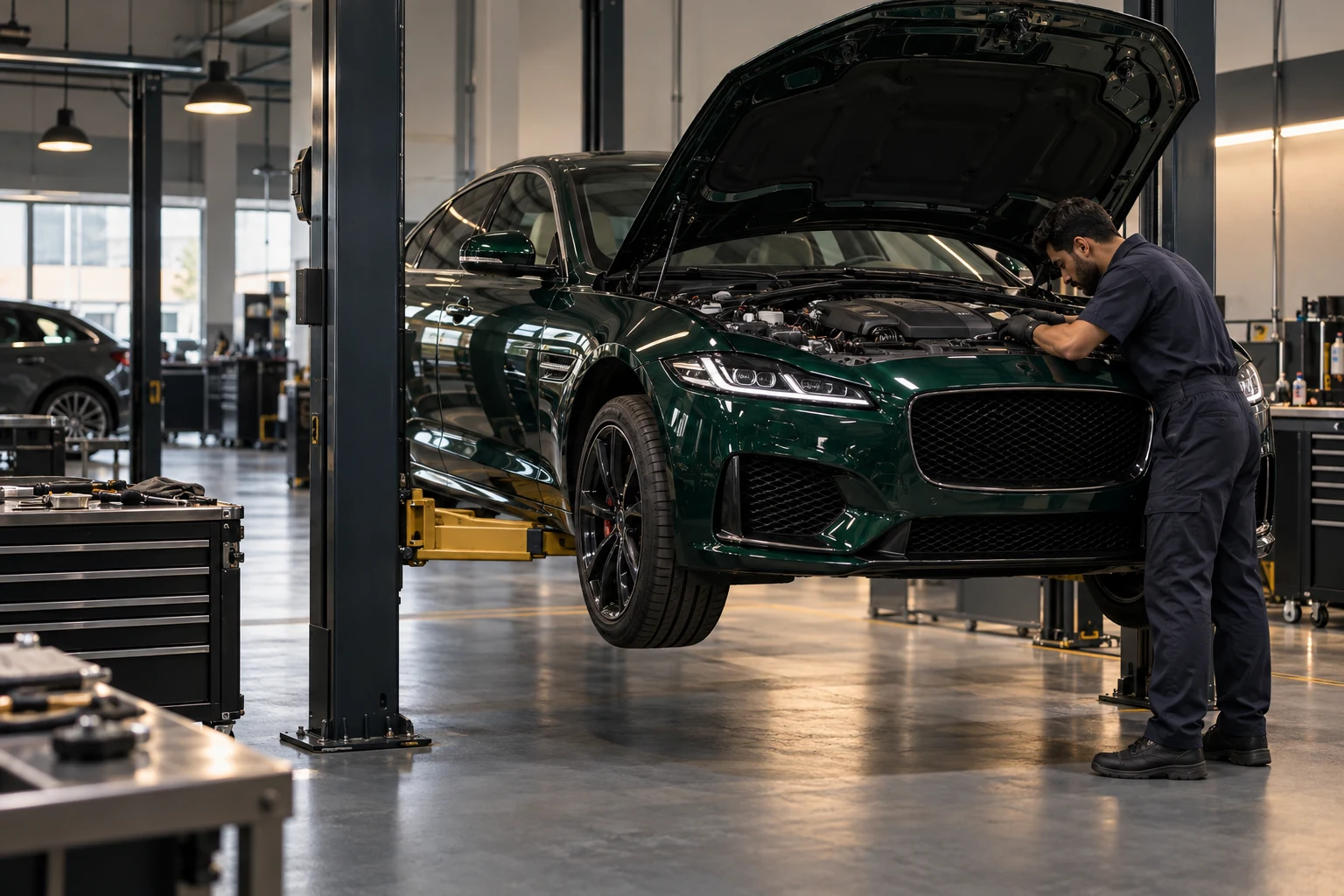 Technician inspecting a dark green luxury sedan on a lift