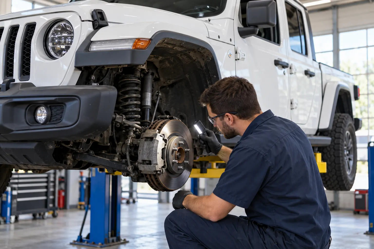 Technician checking the front brake assembly of a white Jeep Gladiator
