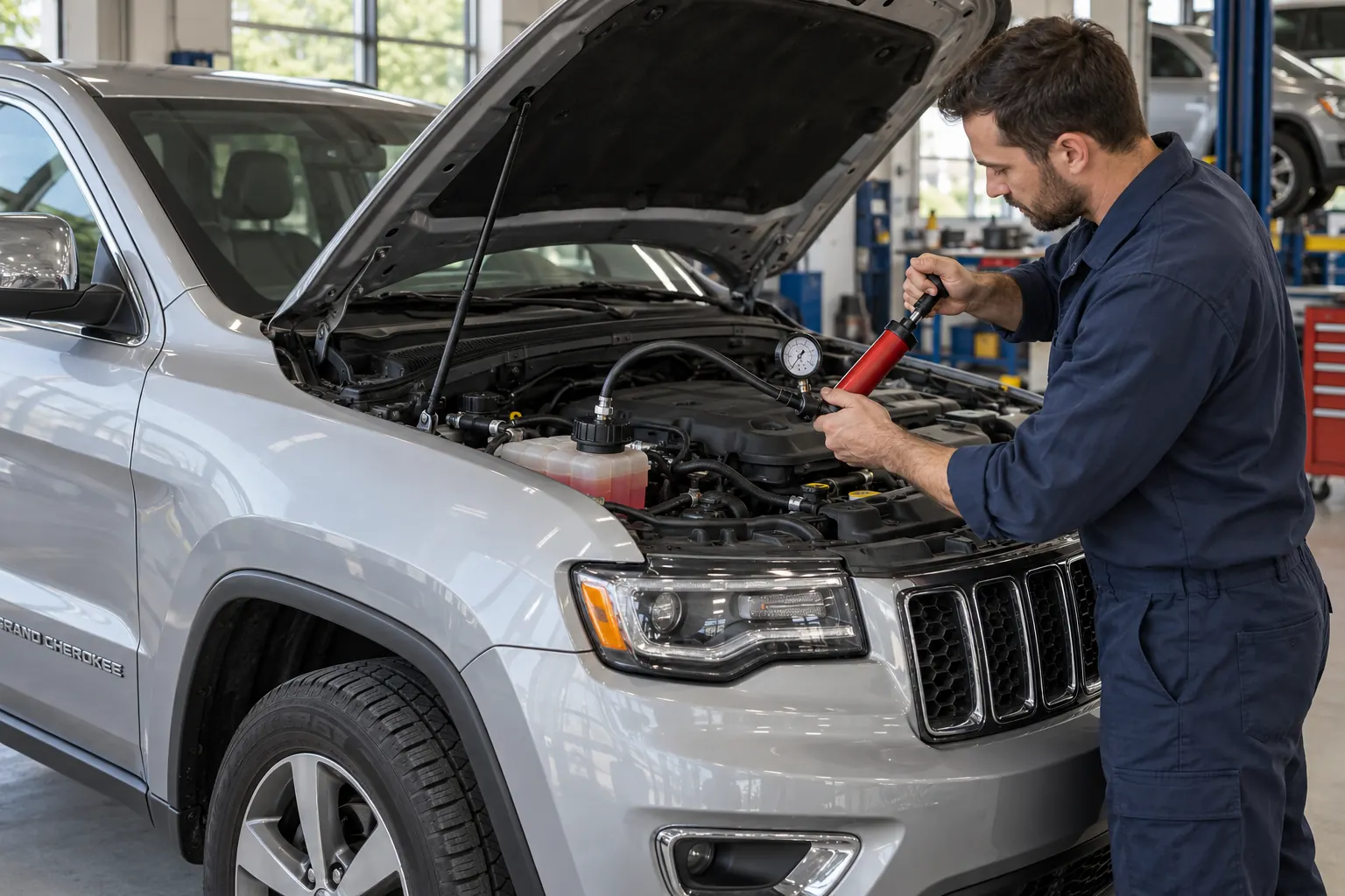 Cooling pressure check on a silver Jeep Grand Cherokee with its engine off