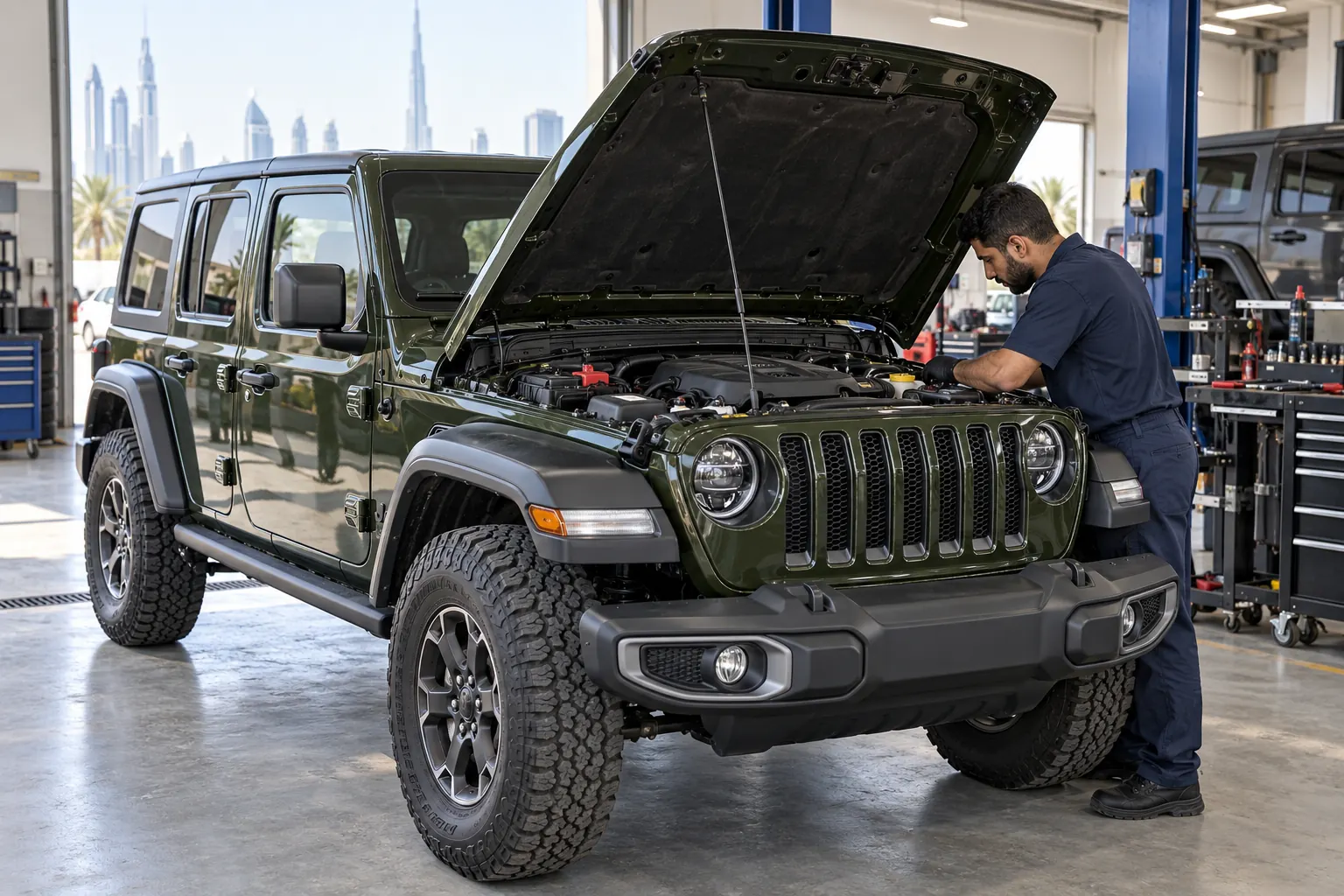 Technician inspecting the engine bay of a green Jeep Wrangler