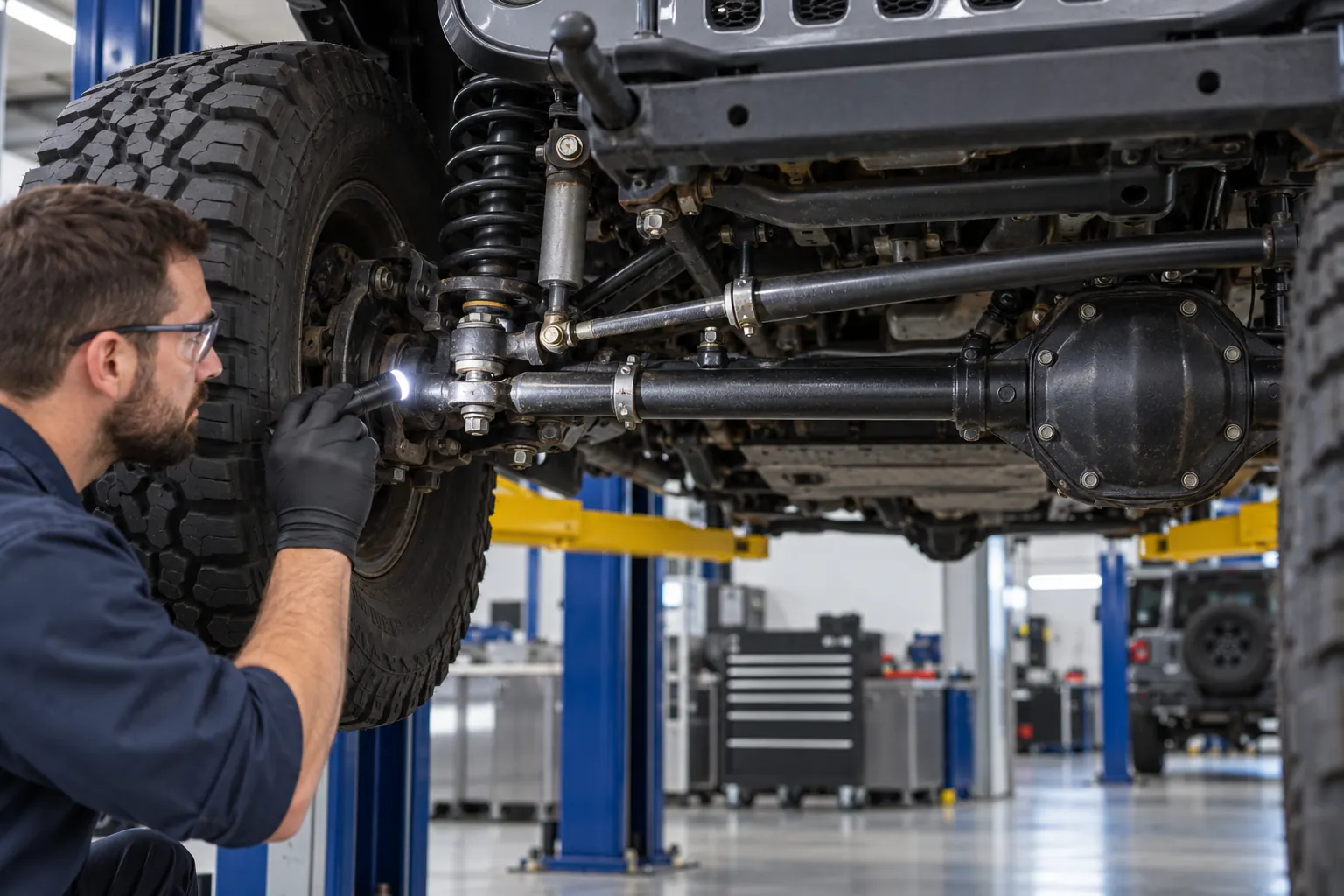 Steering components inspected on a Jeep inside a workshop