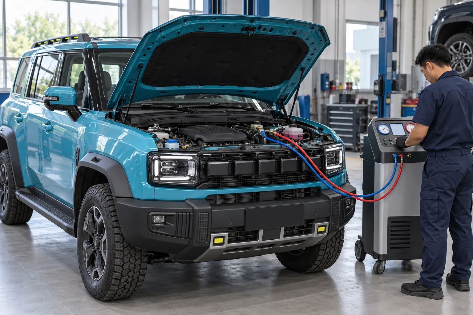 AC service equipment connected to a cyan Jetour T2 in a workshop