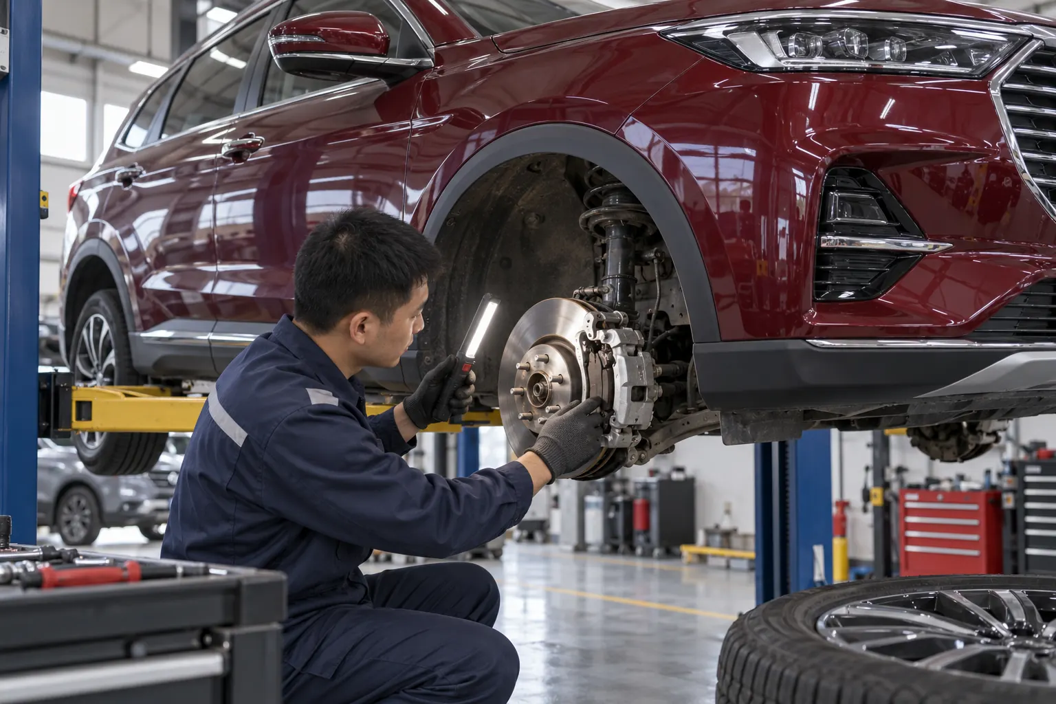 Technician inspecting front brake wear on a burgundy Jetour X70 Plus
