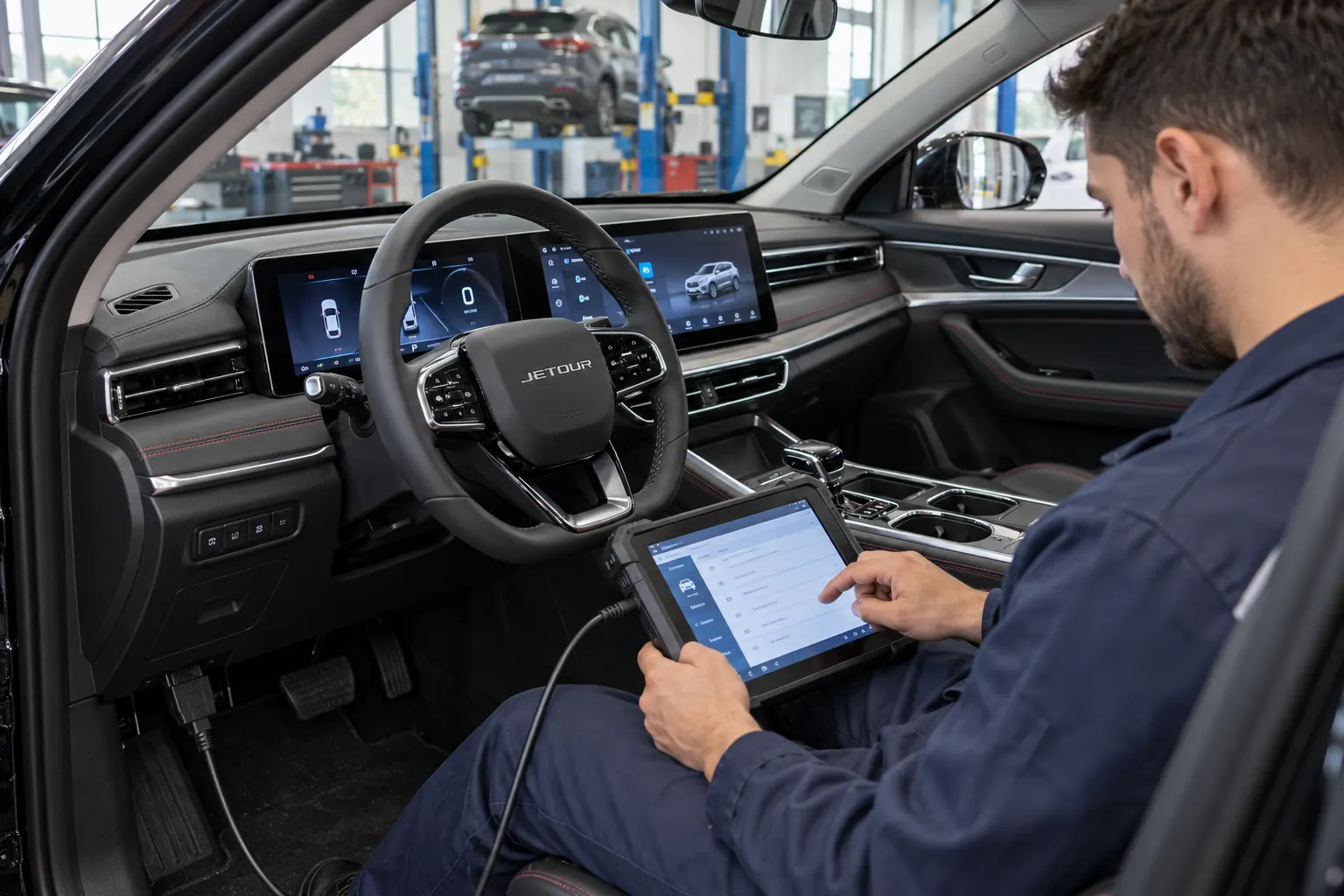 Technician checking a Jetour Dashing interior with a connected diagnostic tablet