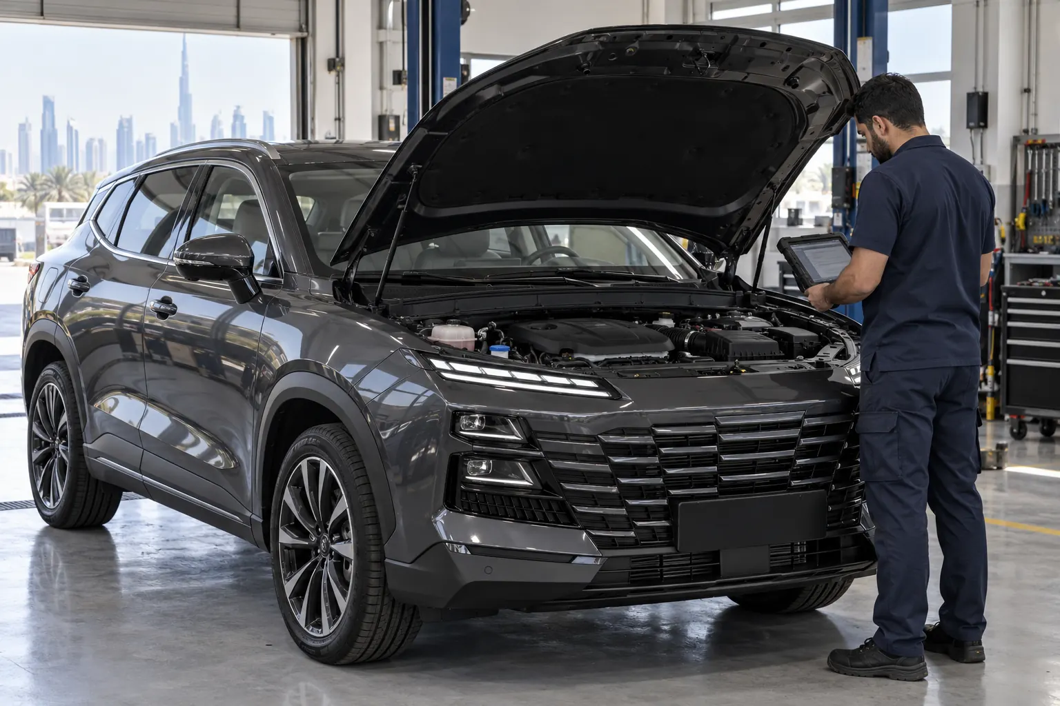 Technician using a diagnostic tablet beside a gray Jetour Dashing with its hood open
