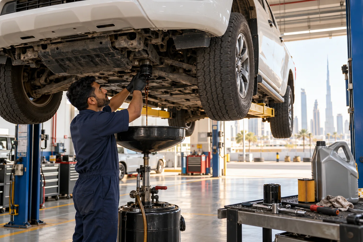 Technician working beneath a raised pickup truck during an engine oil service
