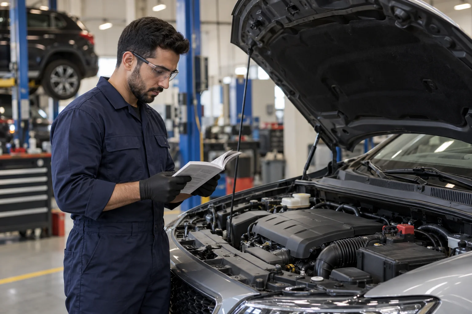 Mechanic wearing eye protection reviewing a vehicle manual beside an open bonnet
