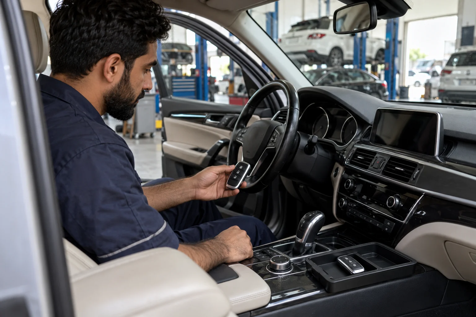 Technician holding a smart key beside the steering wheel of a parked car