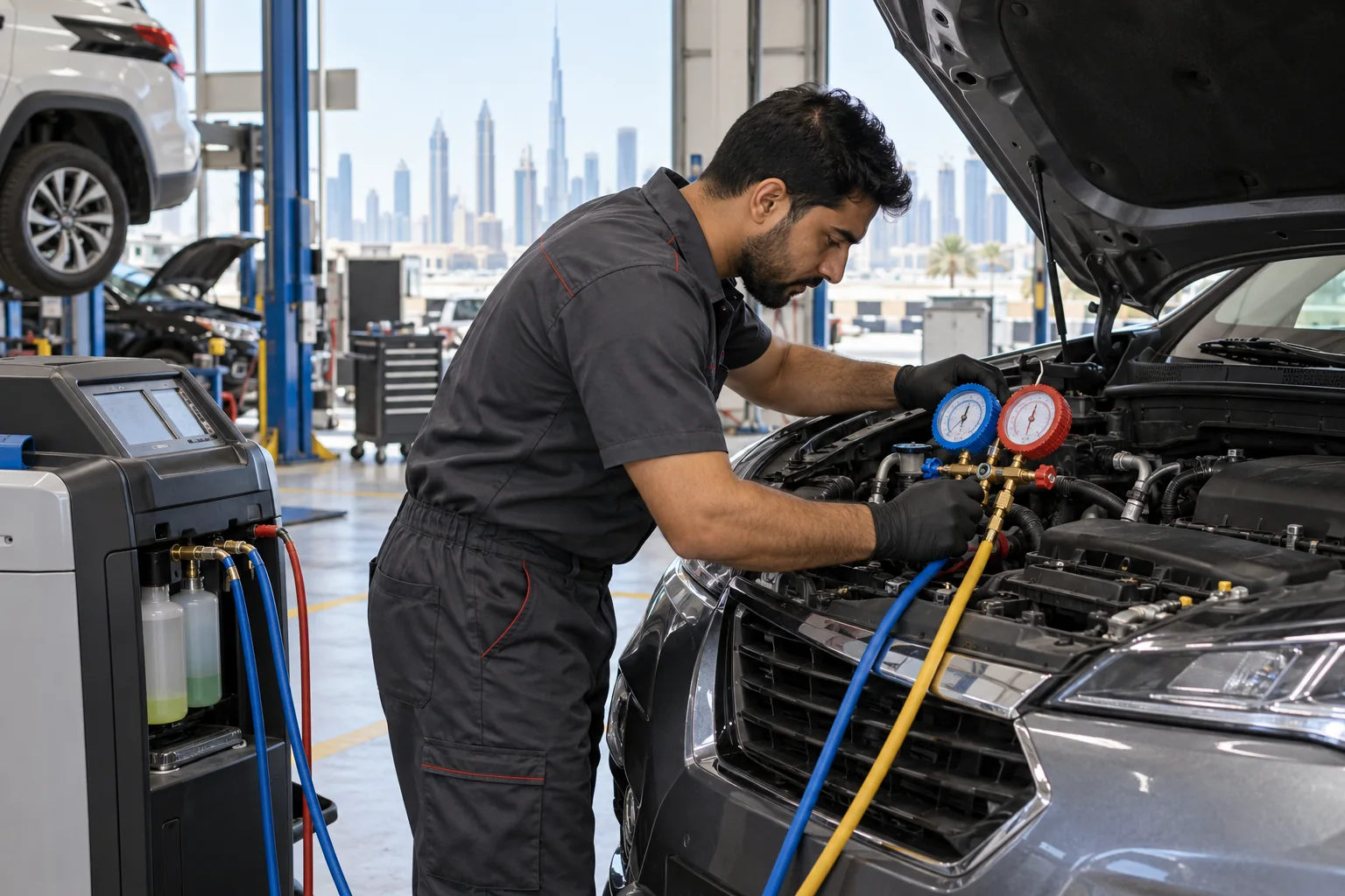 Technician checks an automotive AC system with pressure gauges