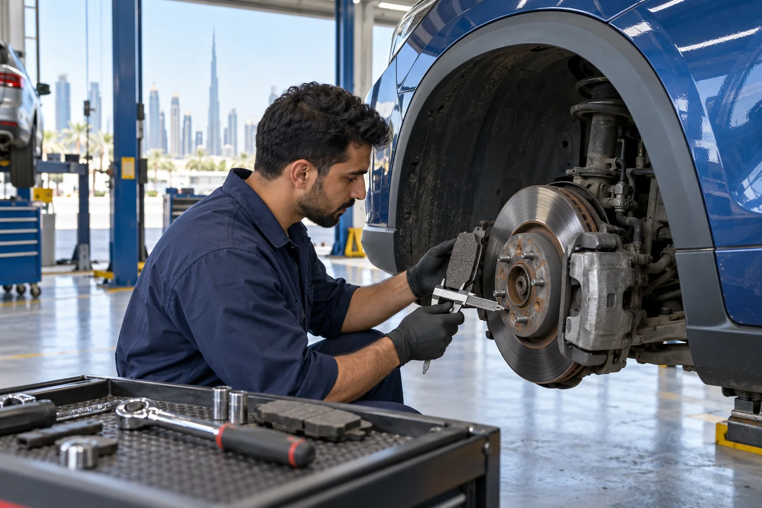 Technician measures pad and disc wear on a crossover