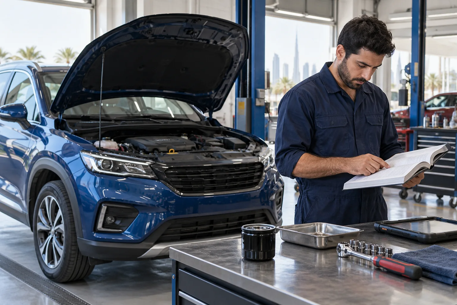 Technician reviews service information beside a crossover