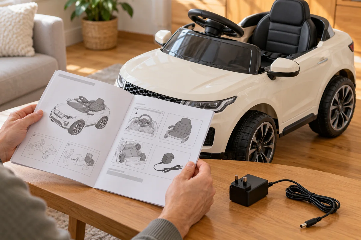 Adult reading a ride-on toy manual beside an unplugged charger
