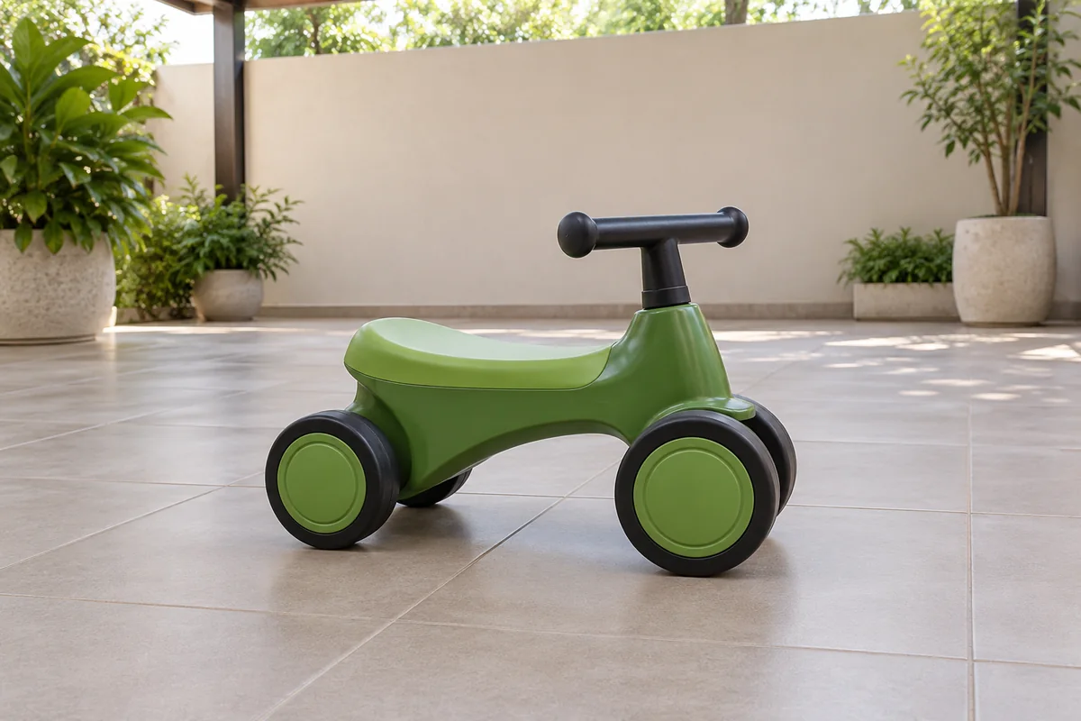 Green foot-to-floor ride-on toy parked on a flat shaded patio