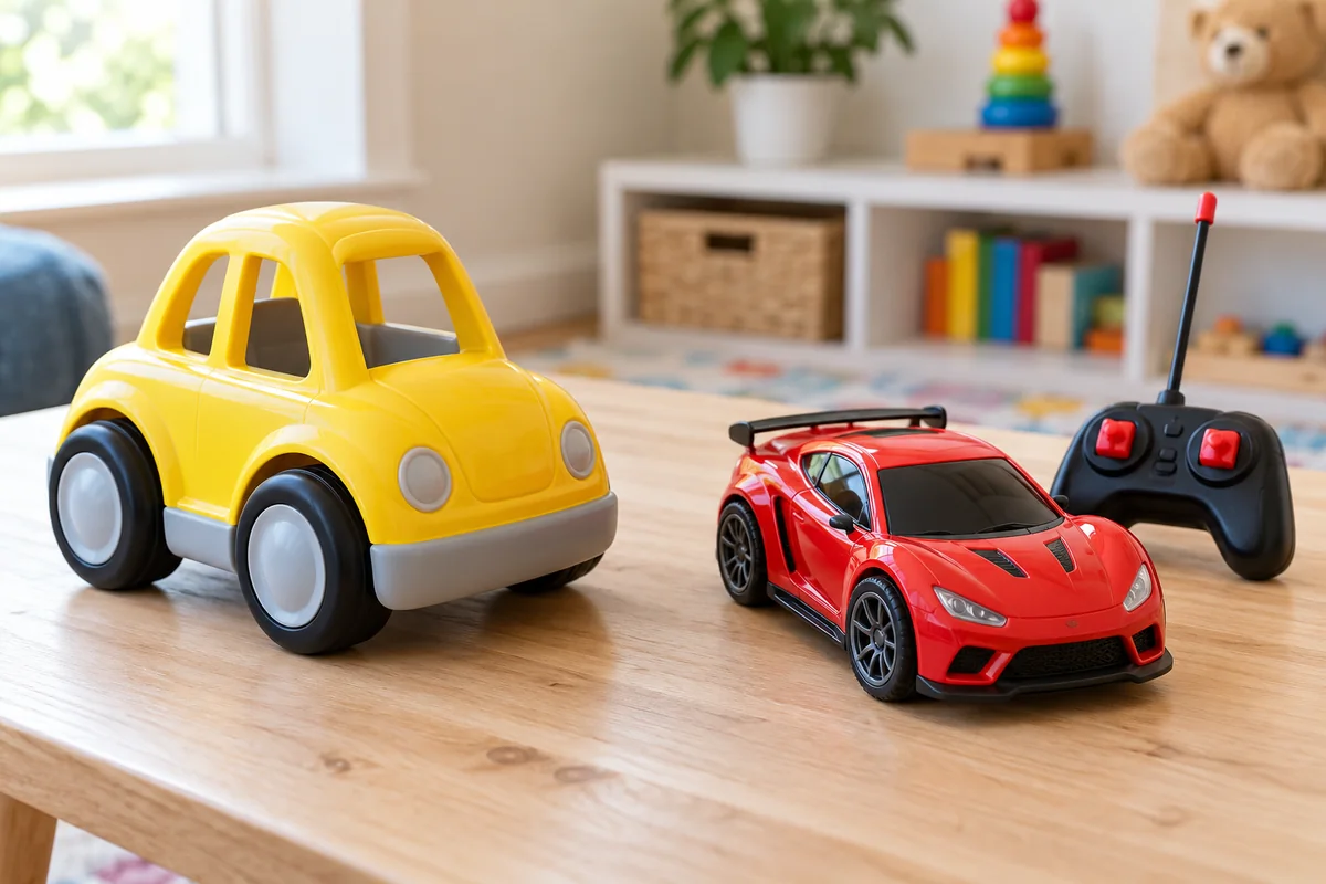 Yellow push toy car beside a red remote-control car and controller