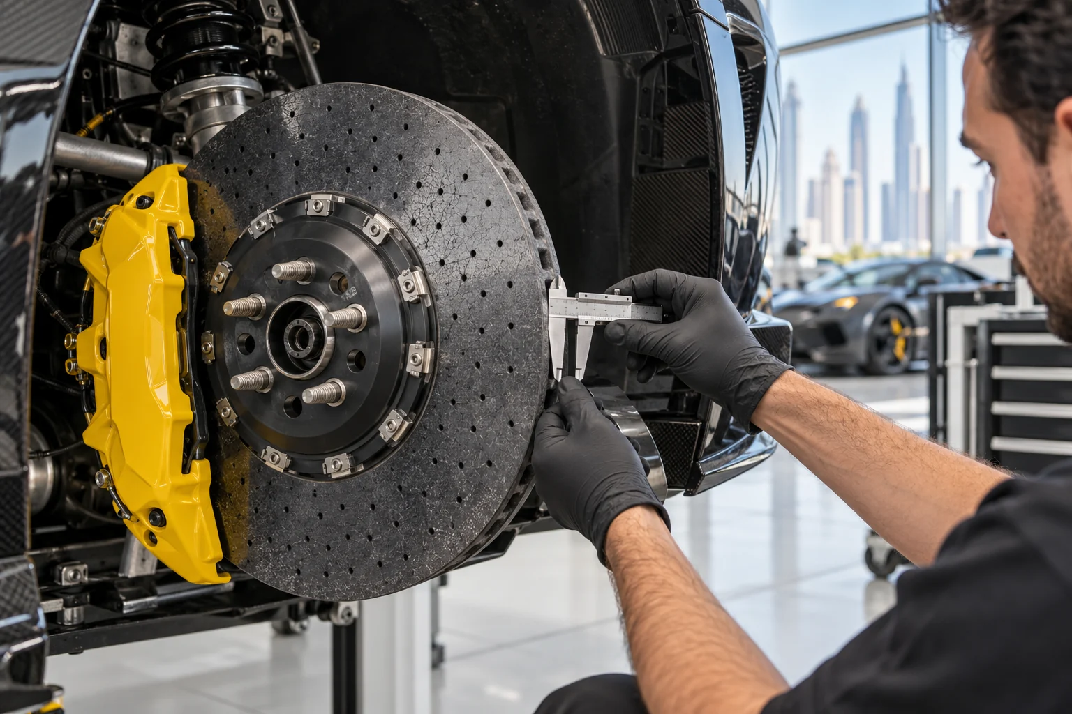 Lamborghini brake components checked during inspection