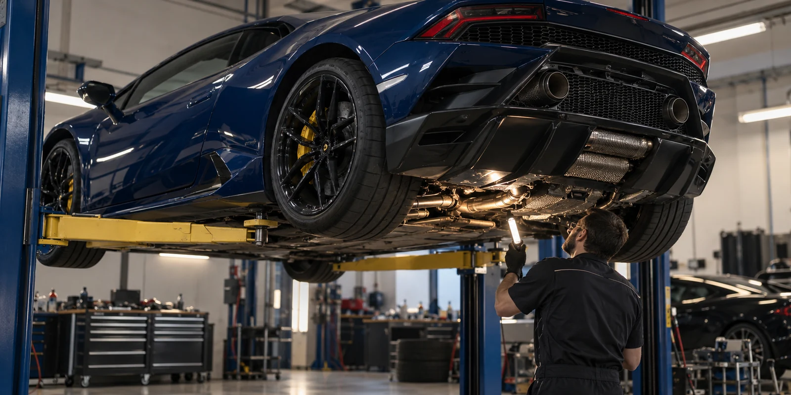 Lamborghini on a lift during a drivetrain inspection