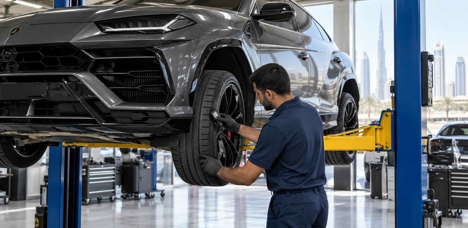 Tire and wheel inspection on a Lamborghini vehicle