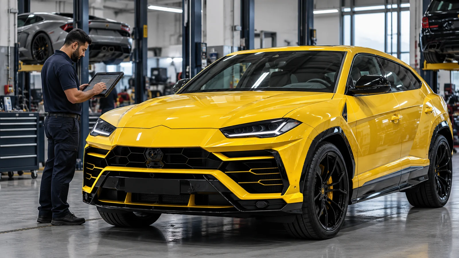 Lamborghini Urus undergoing a vehicle inspection